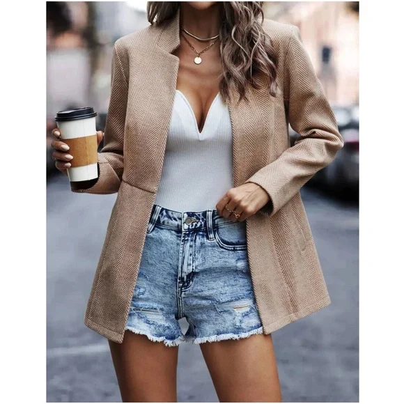 Classic Khaki Herringbone Blazer Jacket Coat - Picture 6 of 9